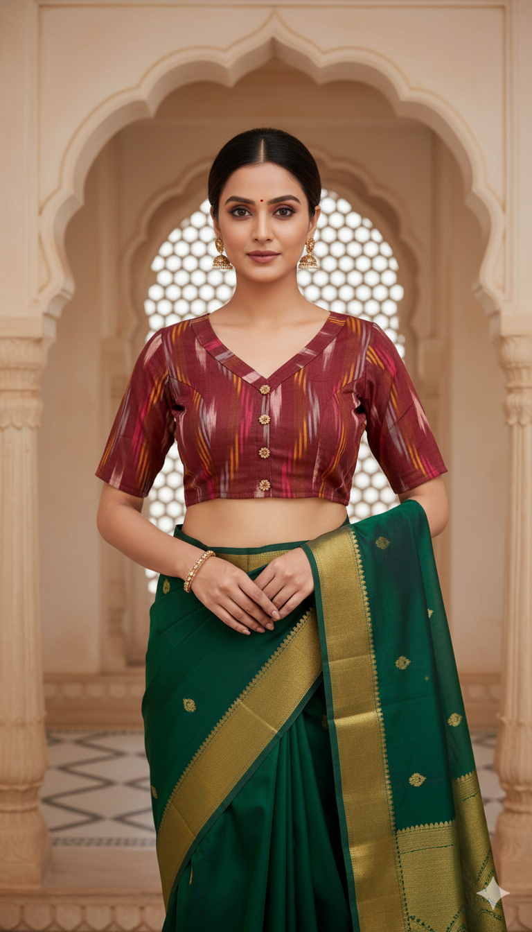 Off-white Tussar Silk Blouse | 3/4 sleeves - thread work and embroidery