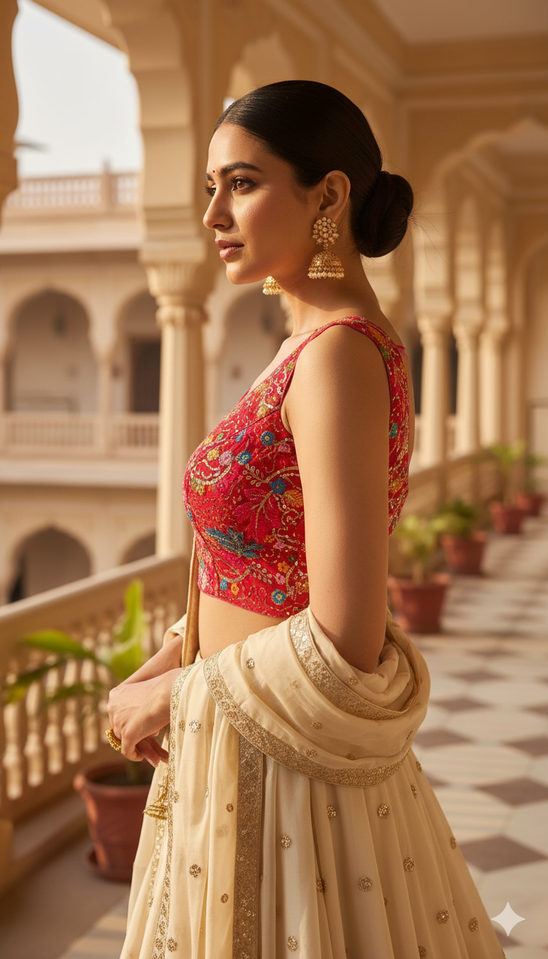 Off-white Tussar Silk Blouse | 3/4 sleeves - thread work and embroidery