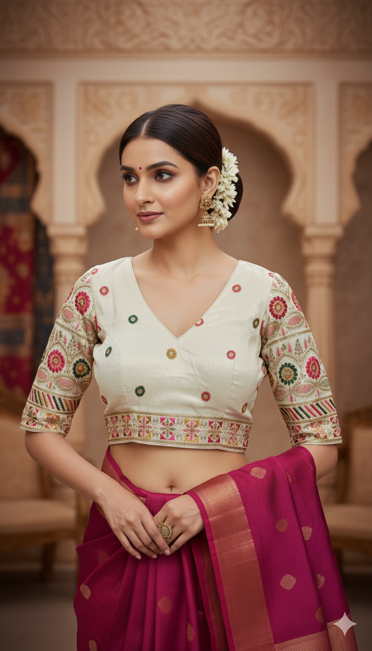Off-white Tussar Silk Blouse | 3/4 sleeves - thread work and embroidery