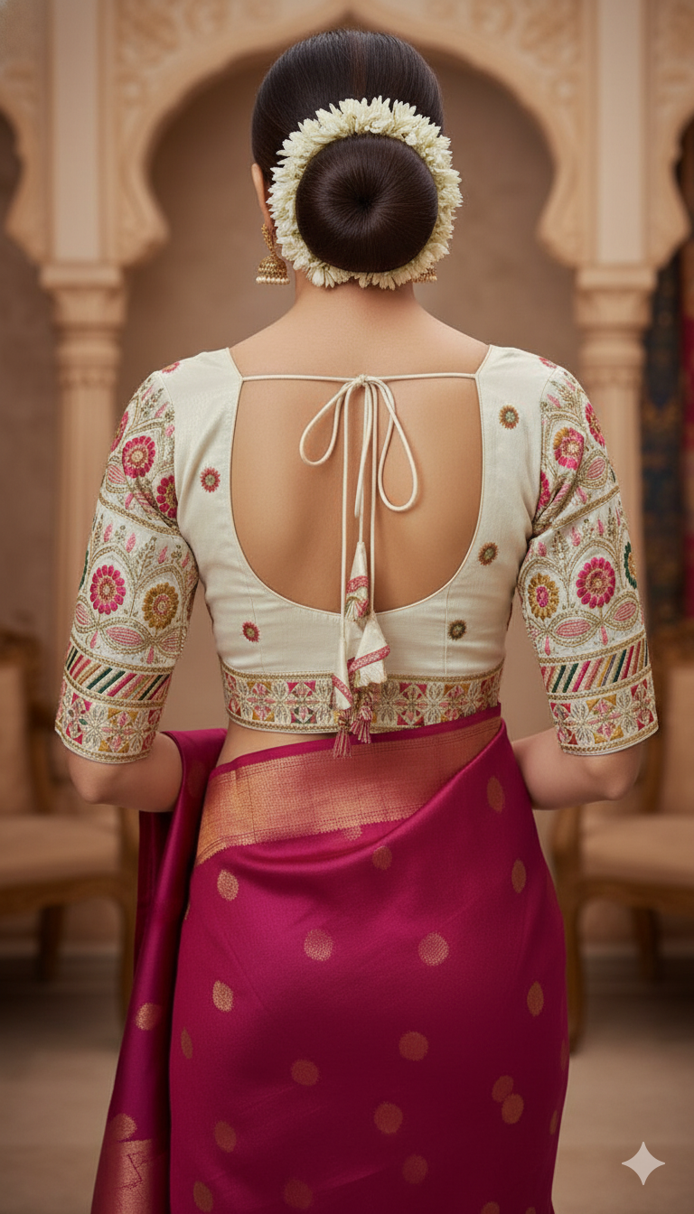 Off-white Tussar Silk Blouse | 3/4 sleeves - thread work and embroidery