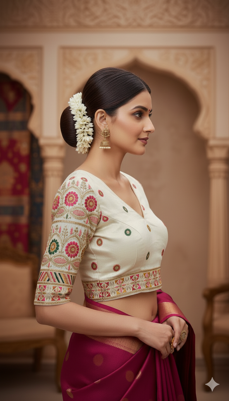 Off-white Tussar Silk Blouse | 3/4 sleeves - thread work and embroidery