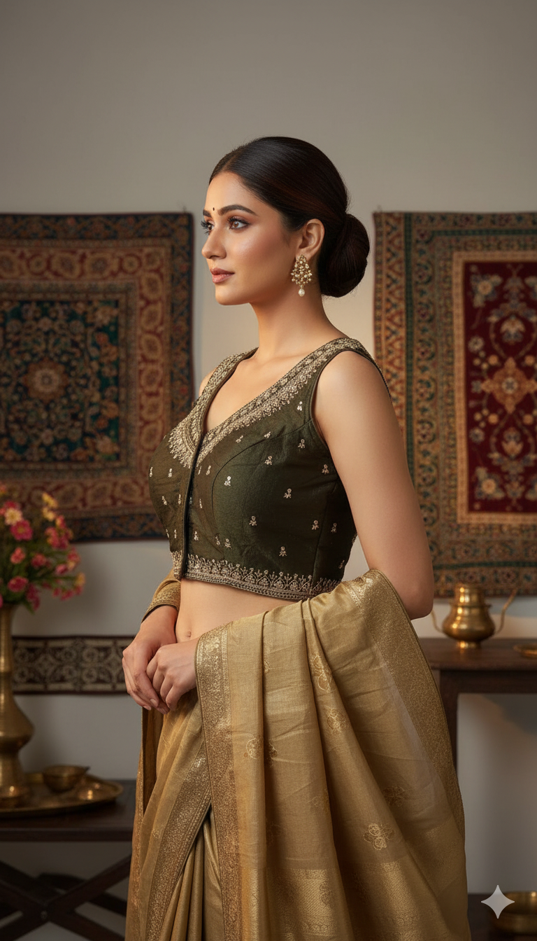 Off-white Tussar Silk Blouse | 3/4 sleeves - thread work and embroidery