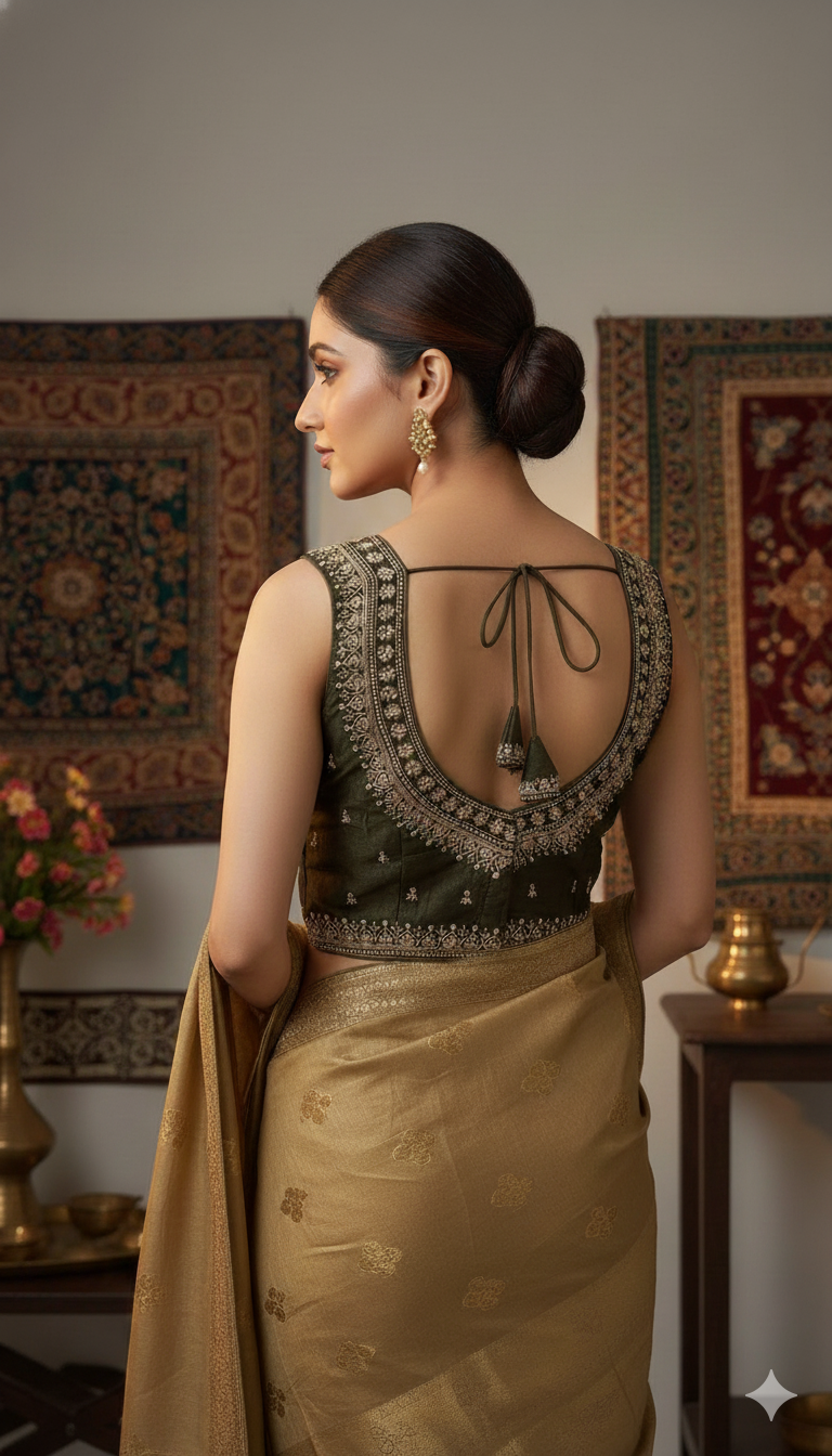 Off-white Tussar Silk Blouse | 3/4 sleeves - thread work and embroidery