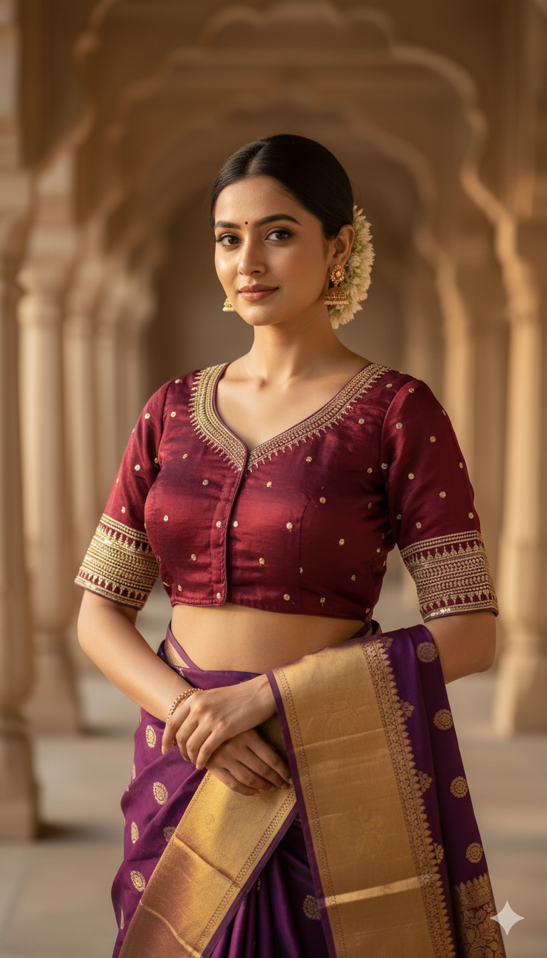 Off-white Tussar Silk Blouse | 3/4 sleeves - thread work and embroidery